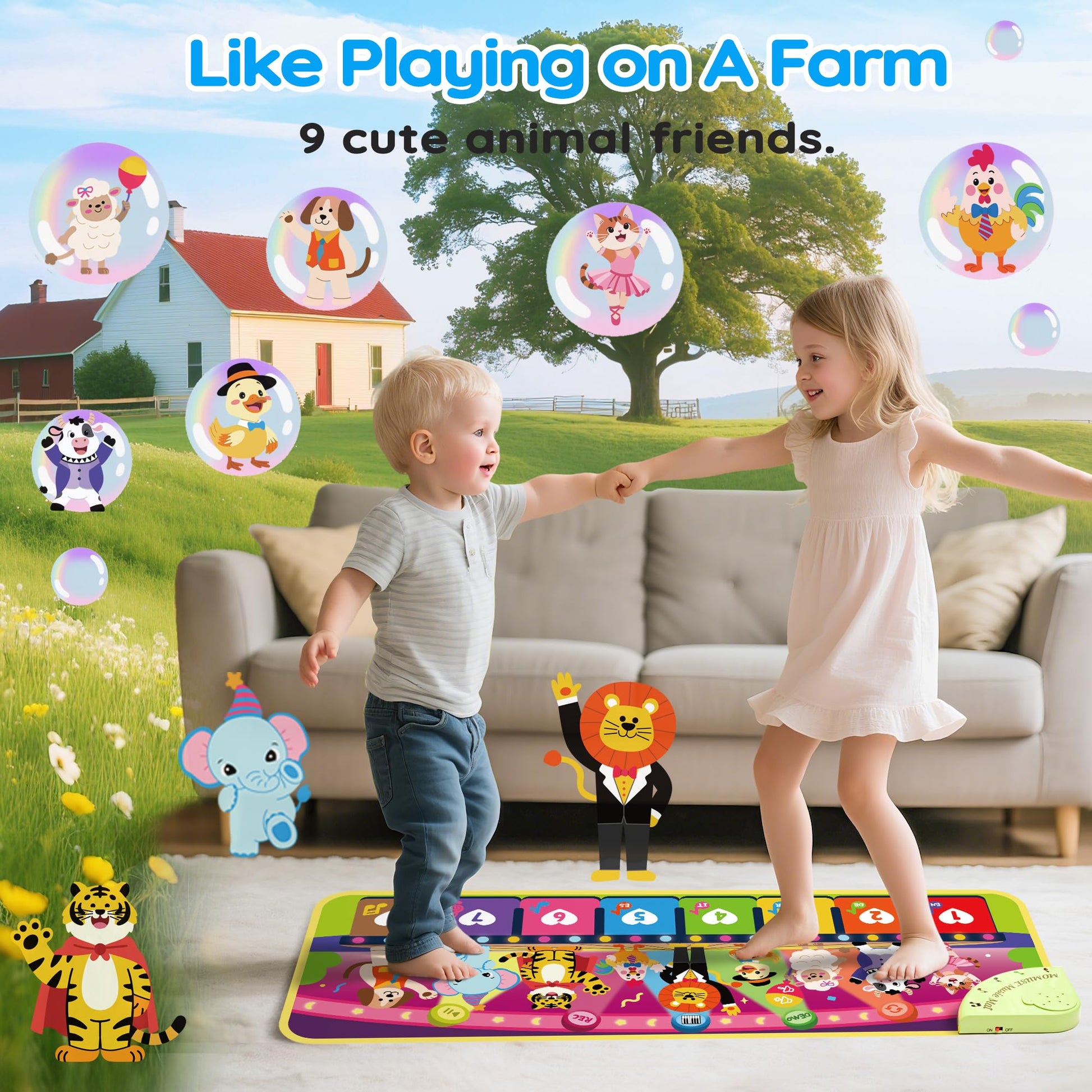 Detailed view of the 9 animal icons on the Momuse educational music mat.
