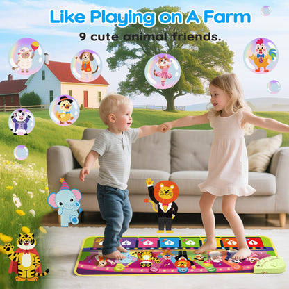 Detailed view of the 9 animal icons on the Momuse educational music mat.