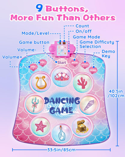 Close up of mermaid themed buttons on Gleamkid electronic dance pad