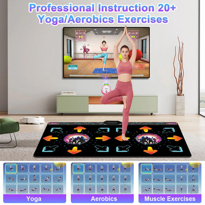 Yrprsodf dance mat connected to TV screen showing games