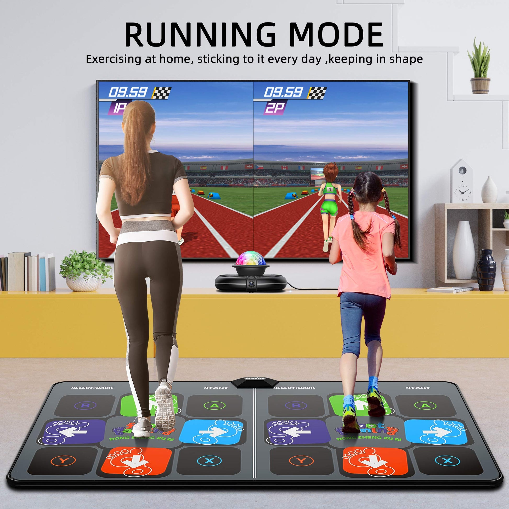Two players standing on Fwfx dance mat during gameplay