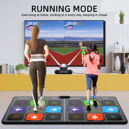 Two players standing on Fwfx dance mat during gameplay