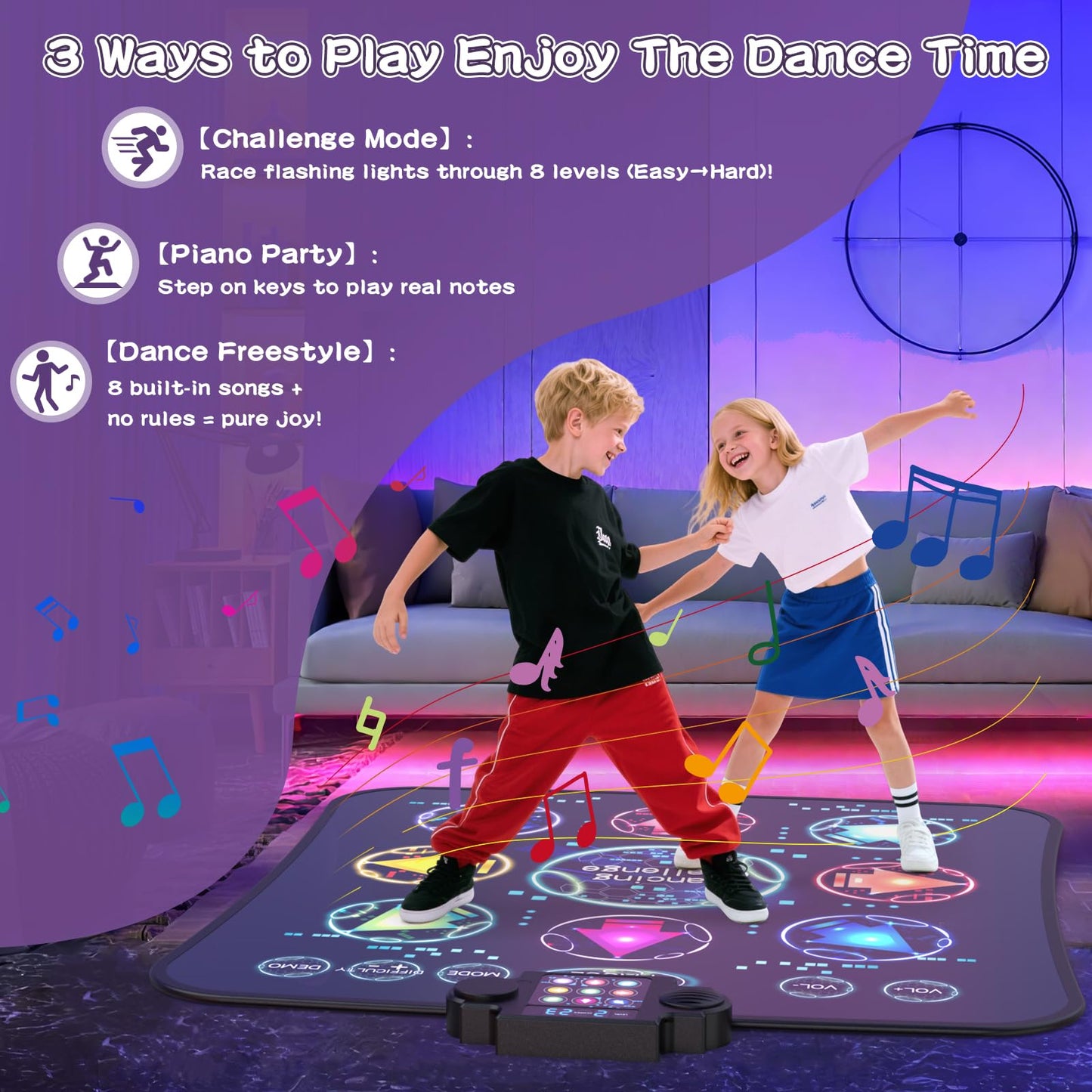 Joycuddle dance mat control box showing volume and mode settings