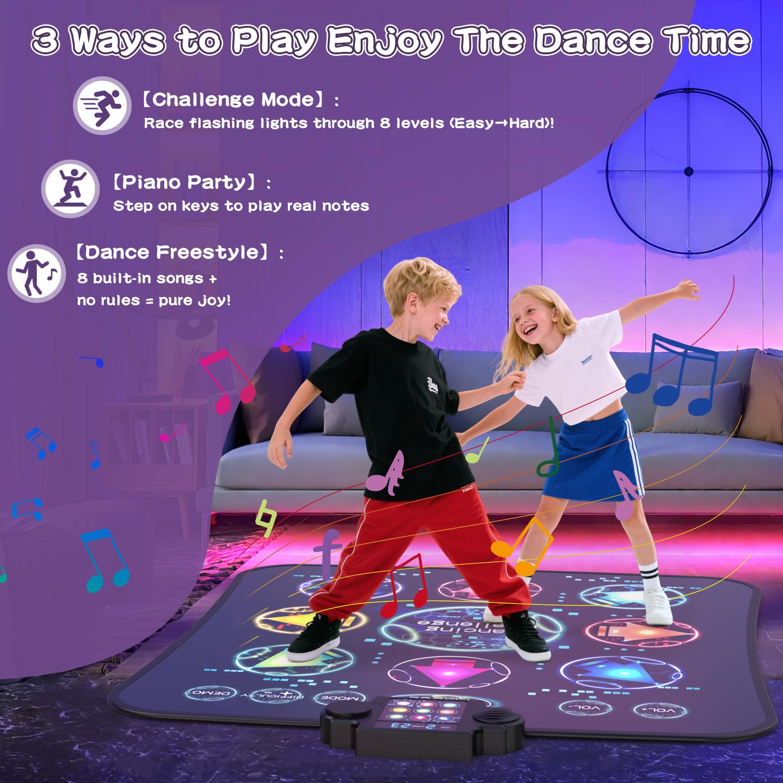 Joycuddle dance mat control box showing volume and mode settings