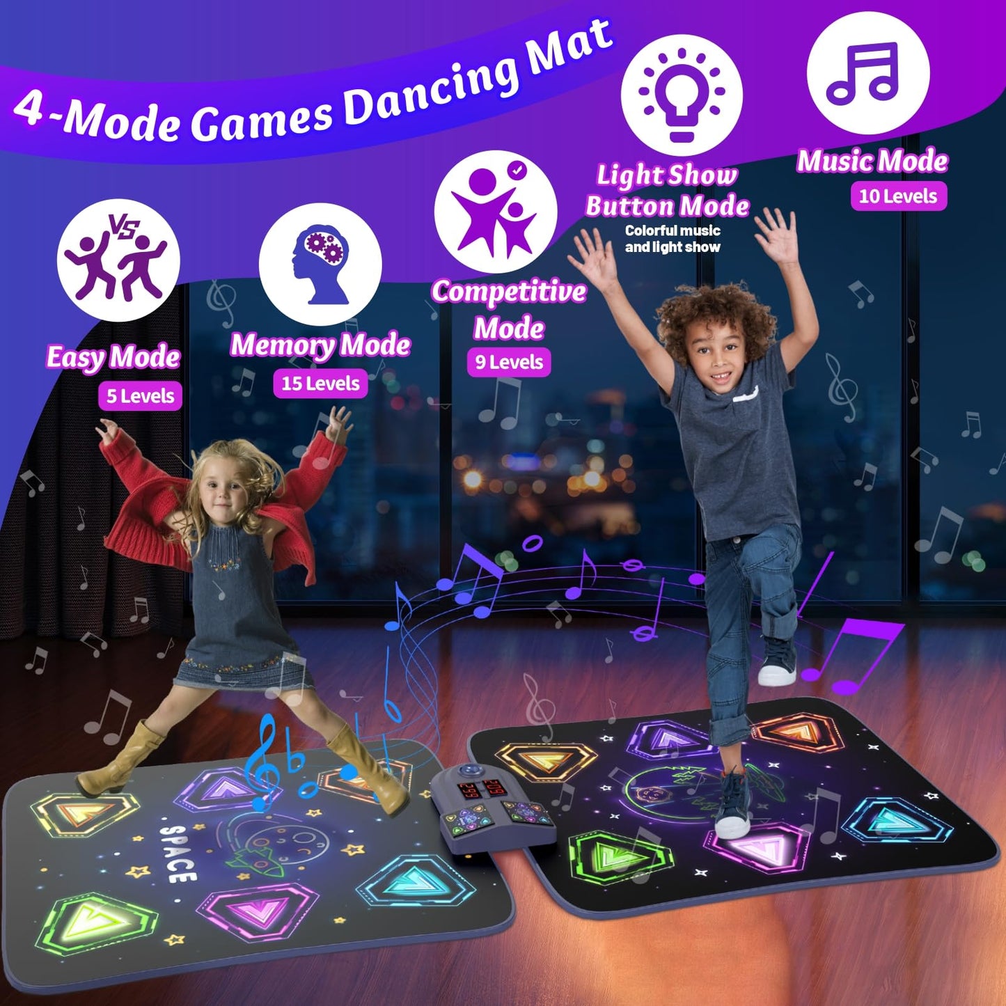 Close up of 12 button layout on electronic dance mat