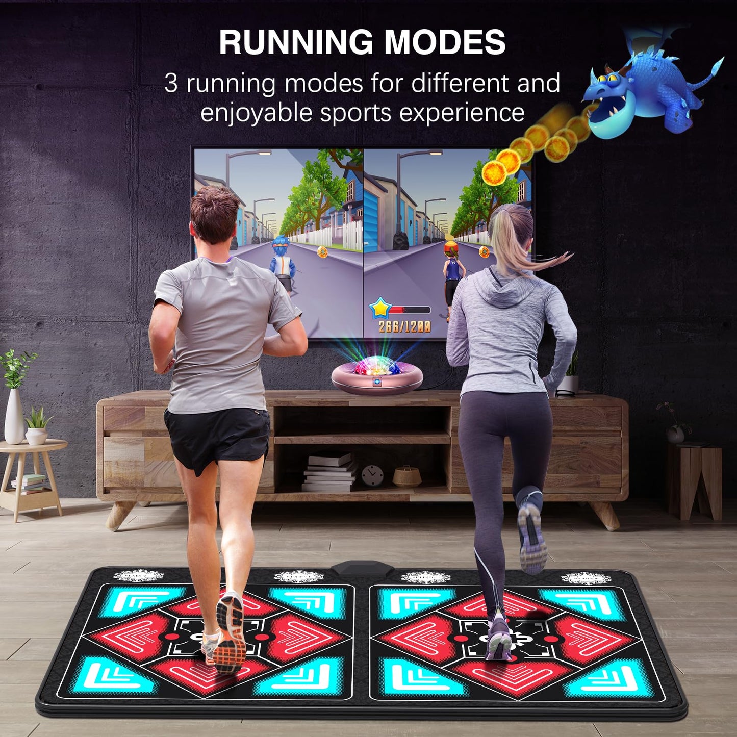 Two people playing interactive games on Haphom dance mat