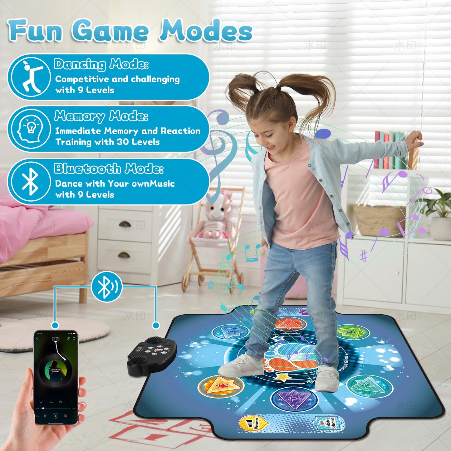 Close up of BulaBe dance mat Bluetooth control box and speakers