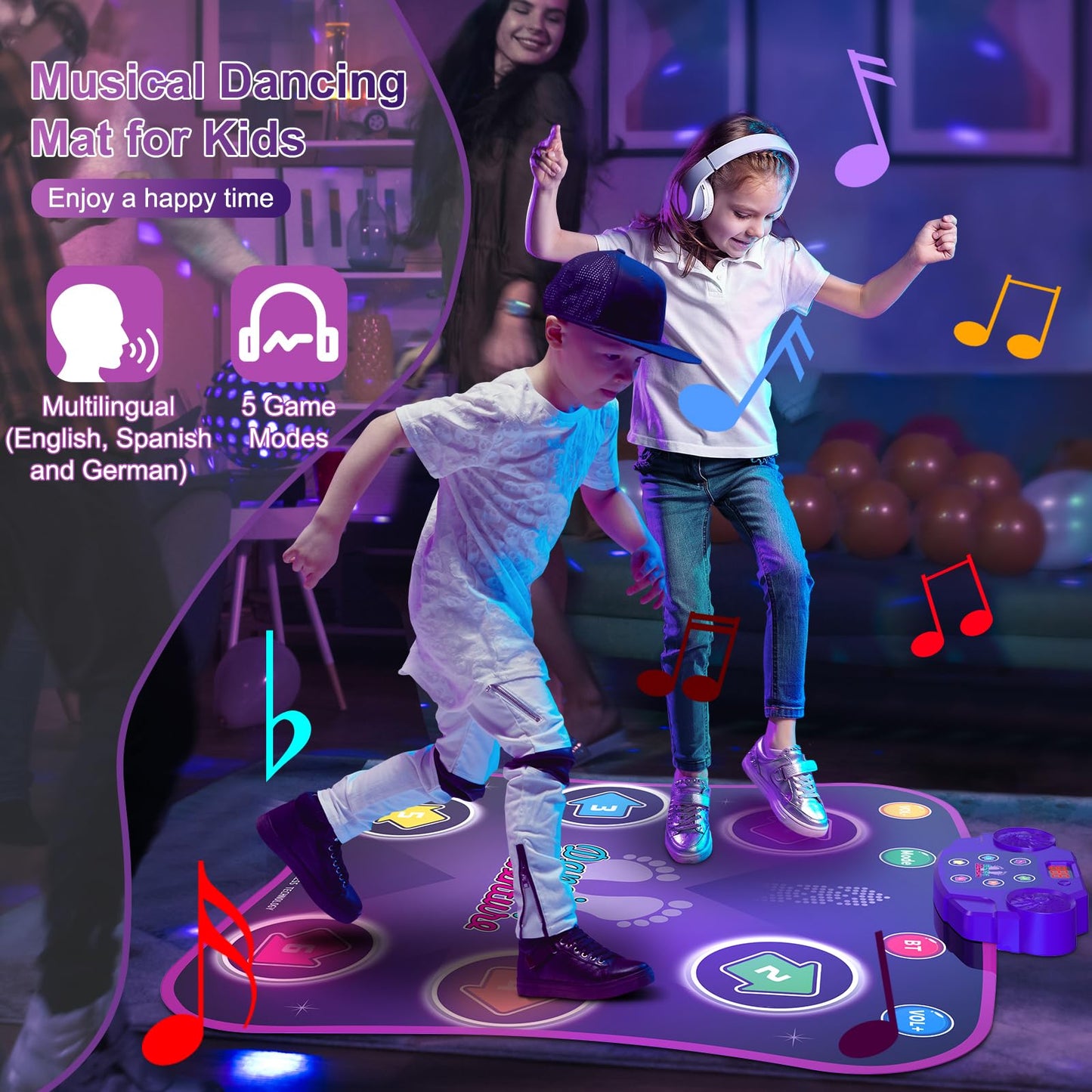 Close up of 6-button layout on kid's dance mat