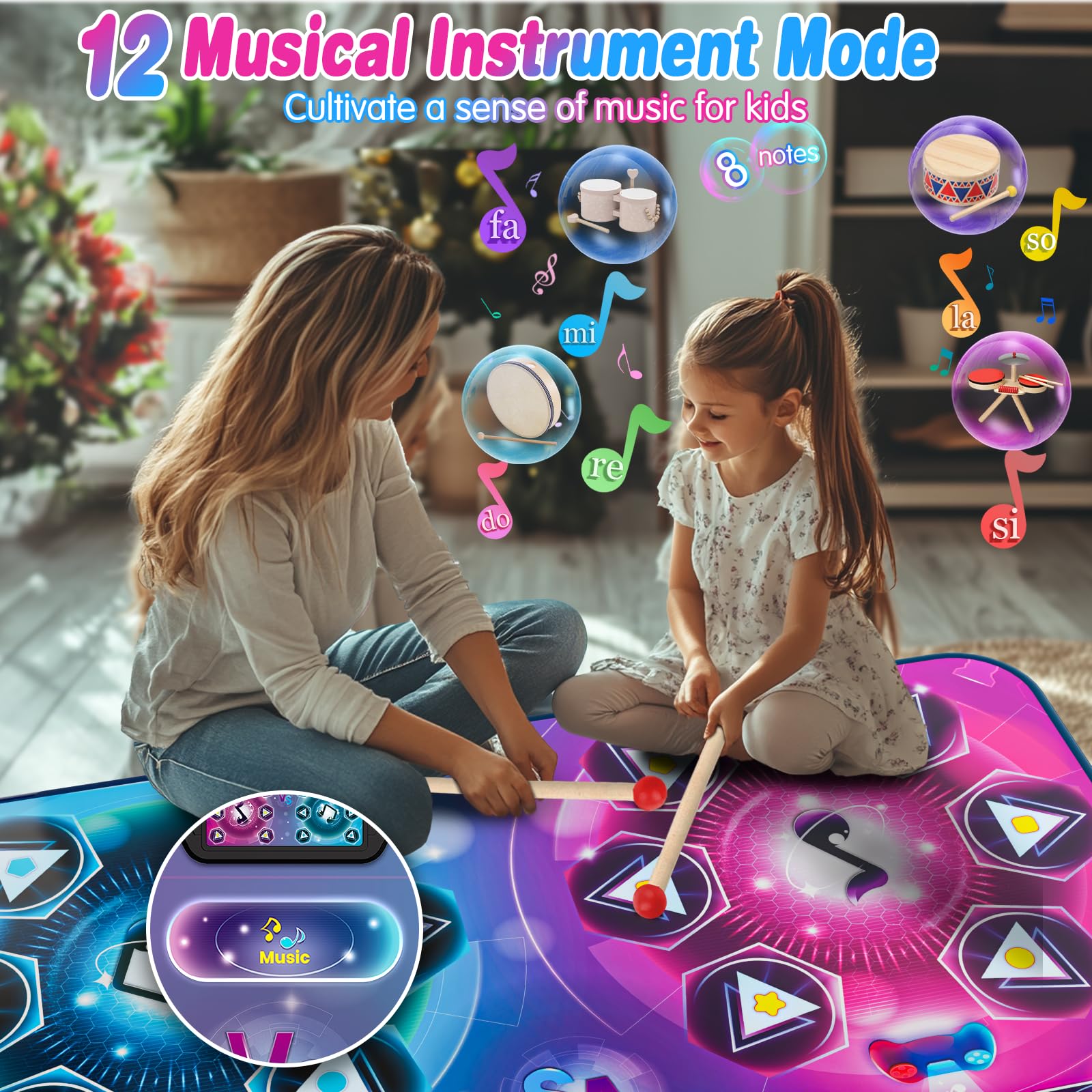 Kids playing with musical instrument mode on dance mat