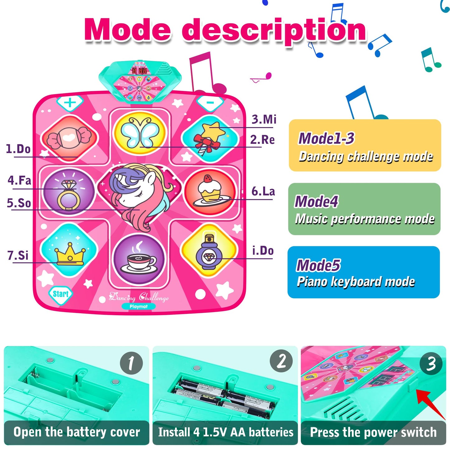 Close up of unicorn dance mat control buttons and game modes