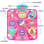 Top down view of pink kids dance mat with light up icons