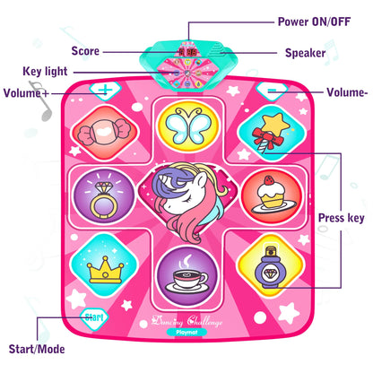Top down view of pink kids dance mat with light up icons