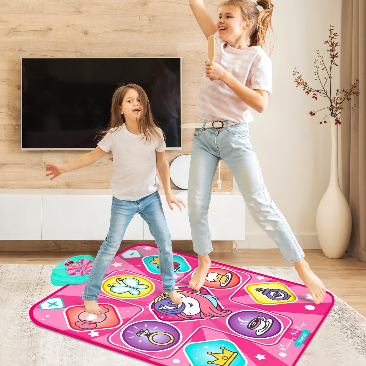 Group of children playing on Kusntin interactive dance mat