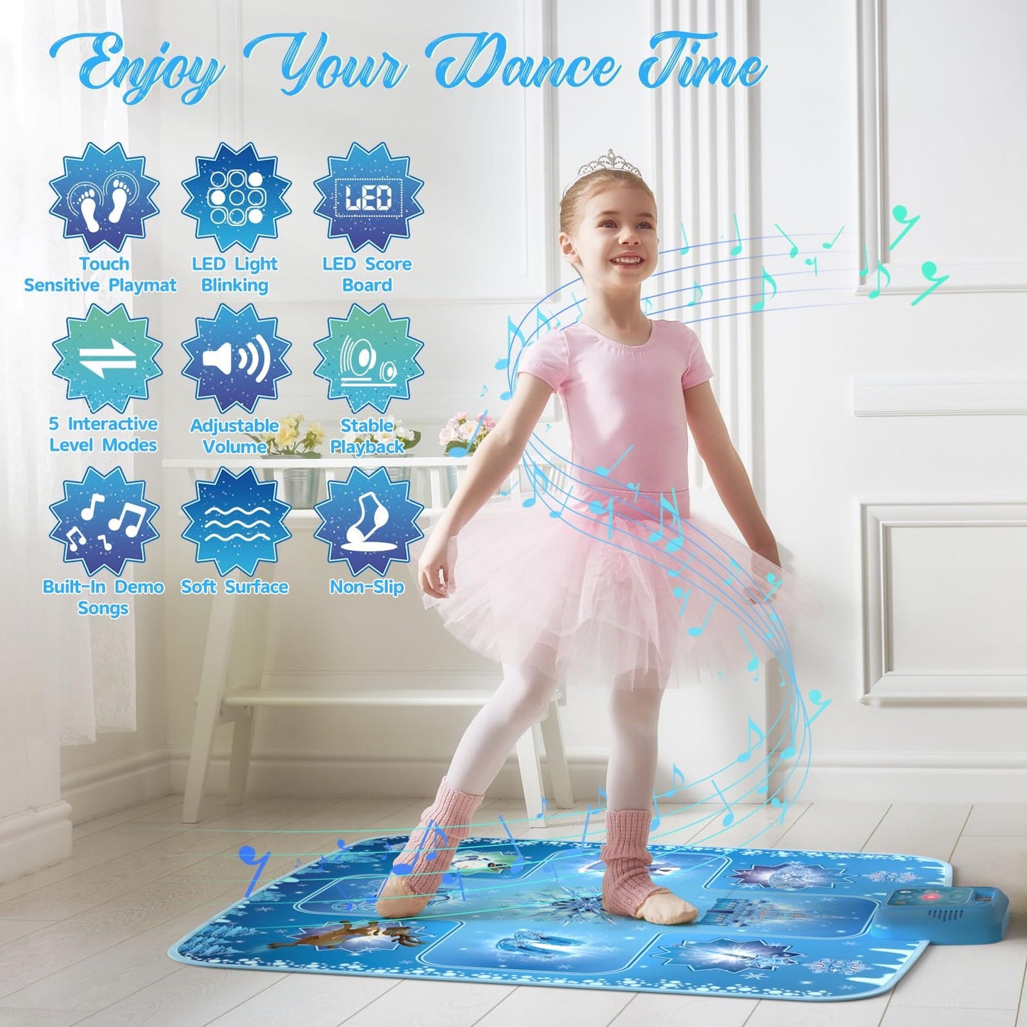 Top view of blue winter themed kids musical dance floor mat