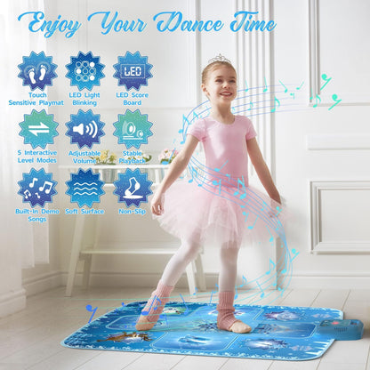 Top view of blue winter themed kids musical dance floor mat