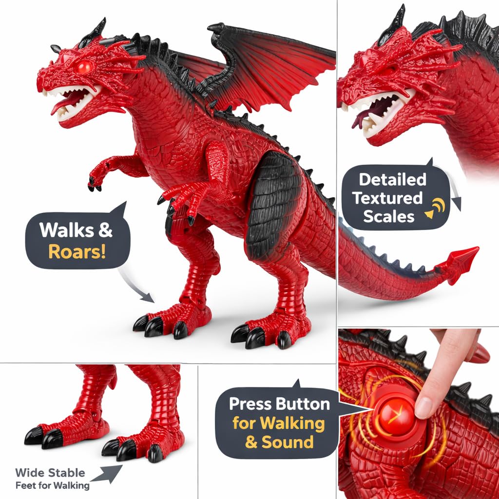 Liberty Imports Dino Planet dragon figure highlighting the glowing red LED eyes and open mouth