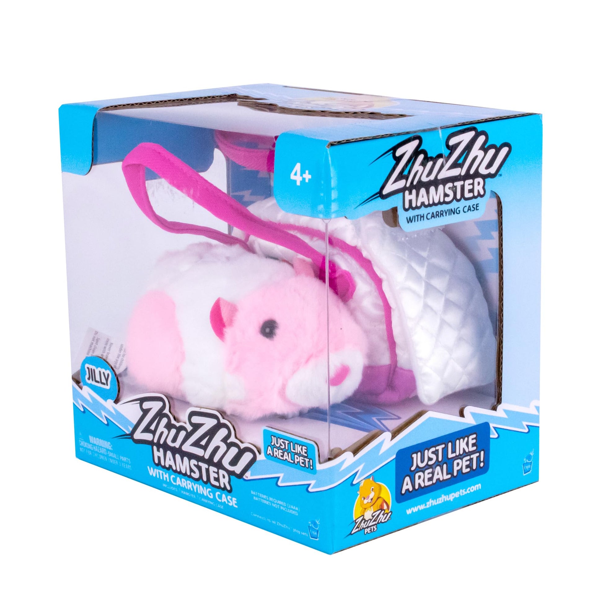 ZhuZhu robotic hamster sitting next to its quilted white travel carrier with pink handles