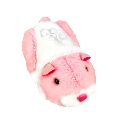 Quilted carrying case for electronic toy featuring embroidered details and a bright pink bow accent
