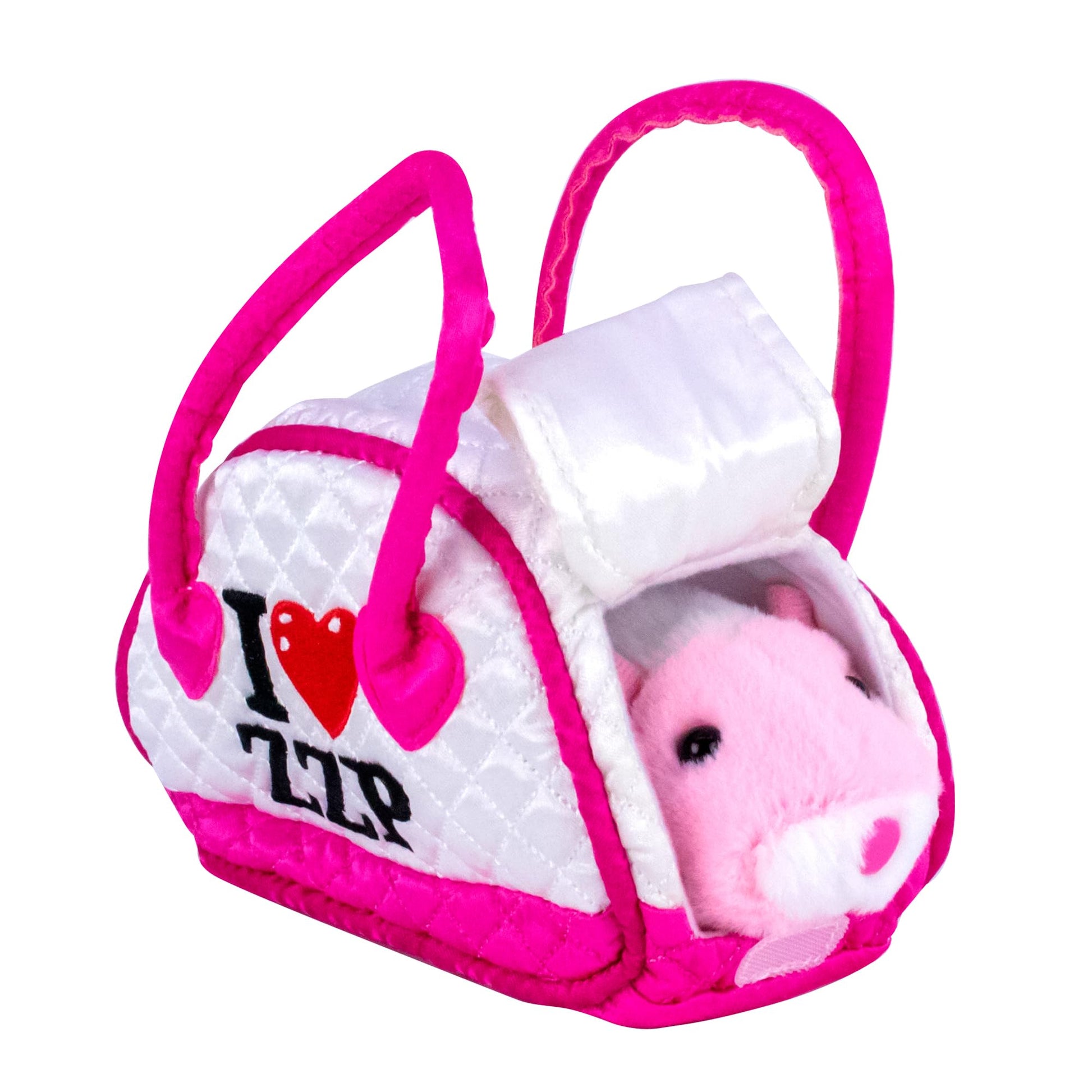 ZhuZhu City Jilly hamster toy being placed inside the plush travel carrier bag by a child