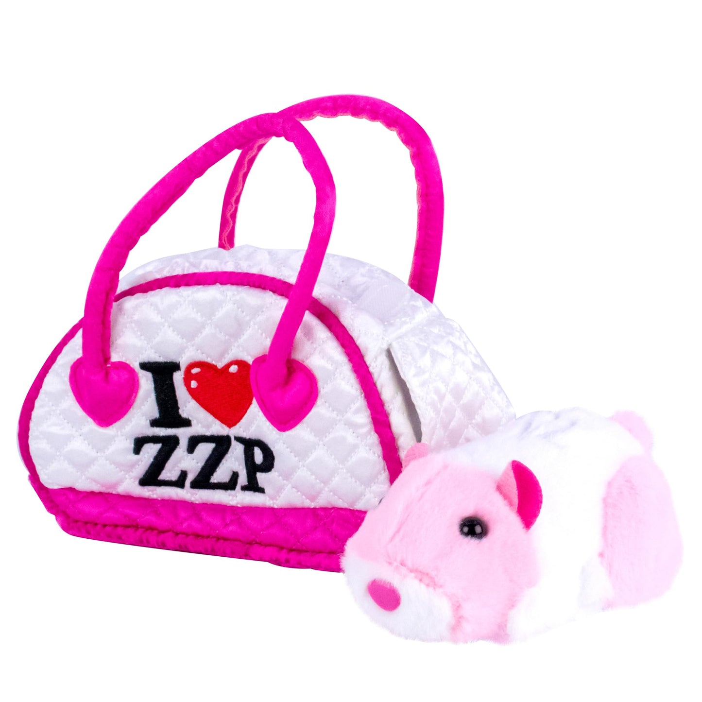 Side angle view of the pink and white electronic pet toy demonstrating the compact portable size