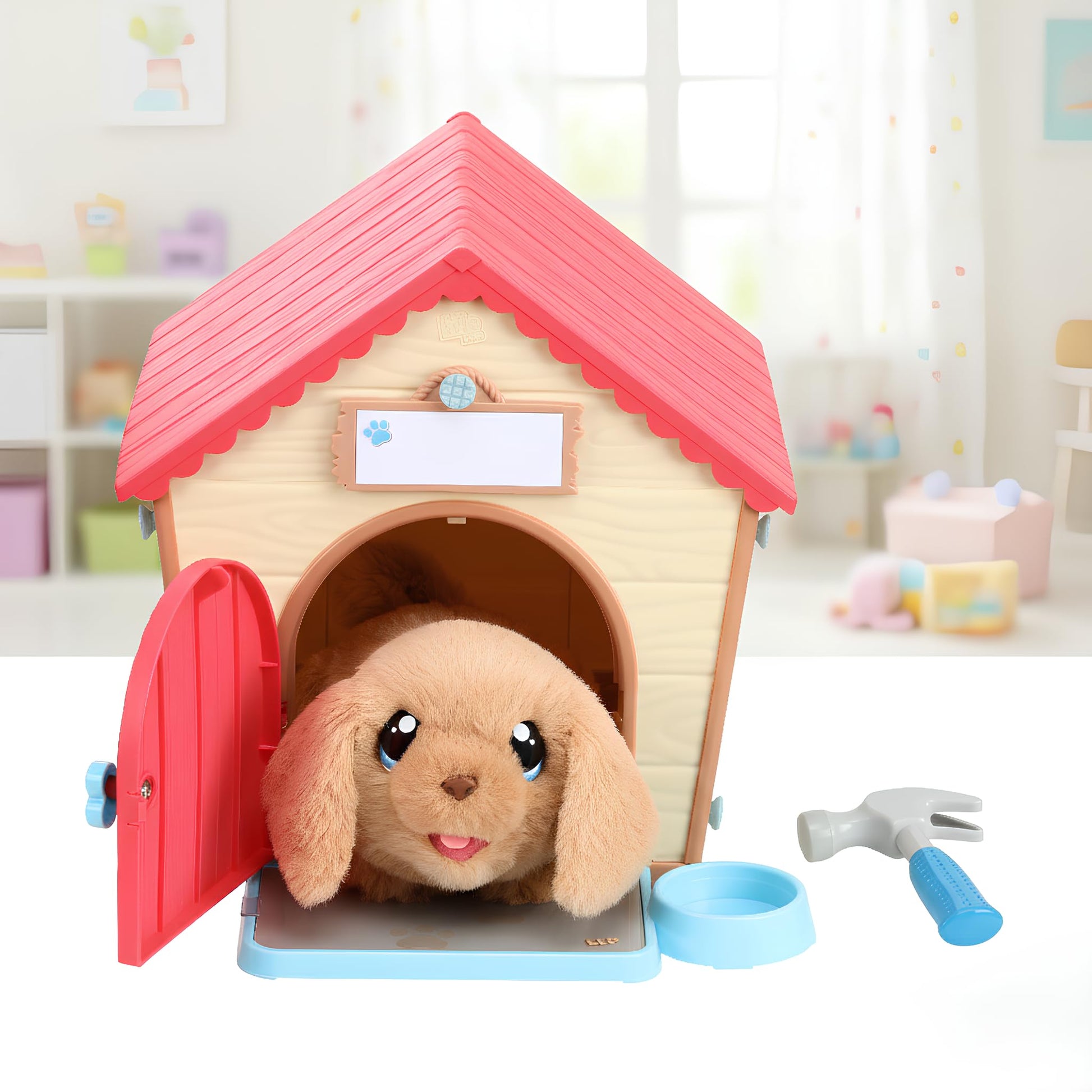 Interactive plush dog toy reacting with sounds to child's touch