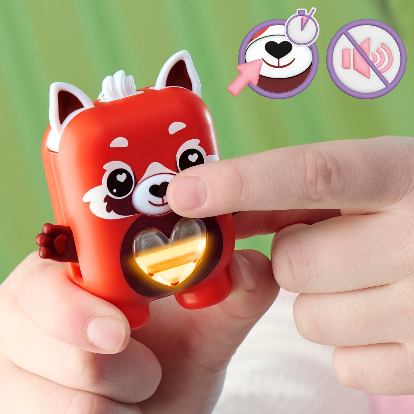 Demonstration of a child hand holding the mini 2.7 inch electronic animal fidget pet