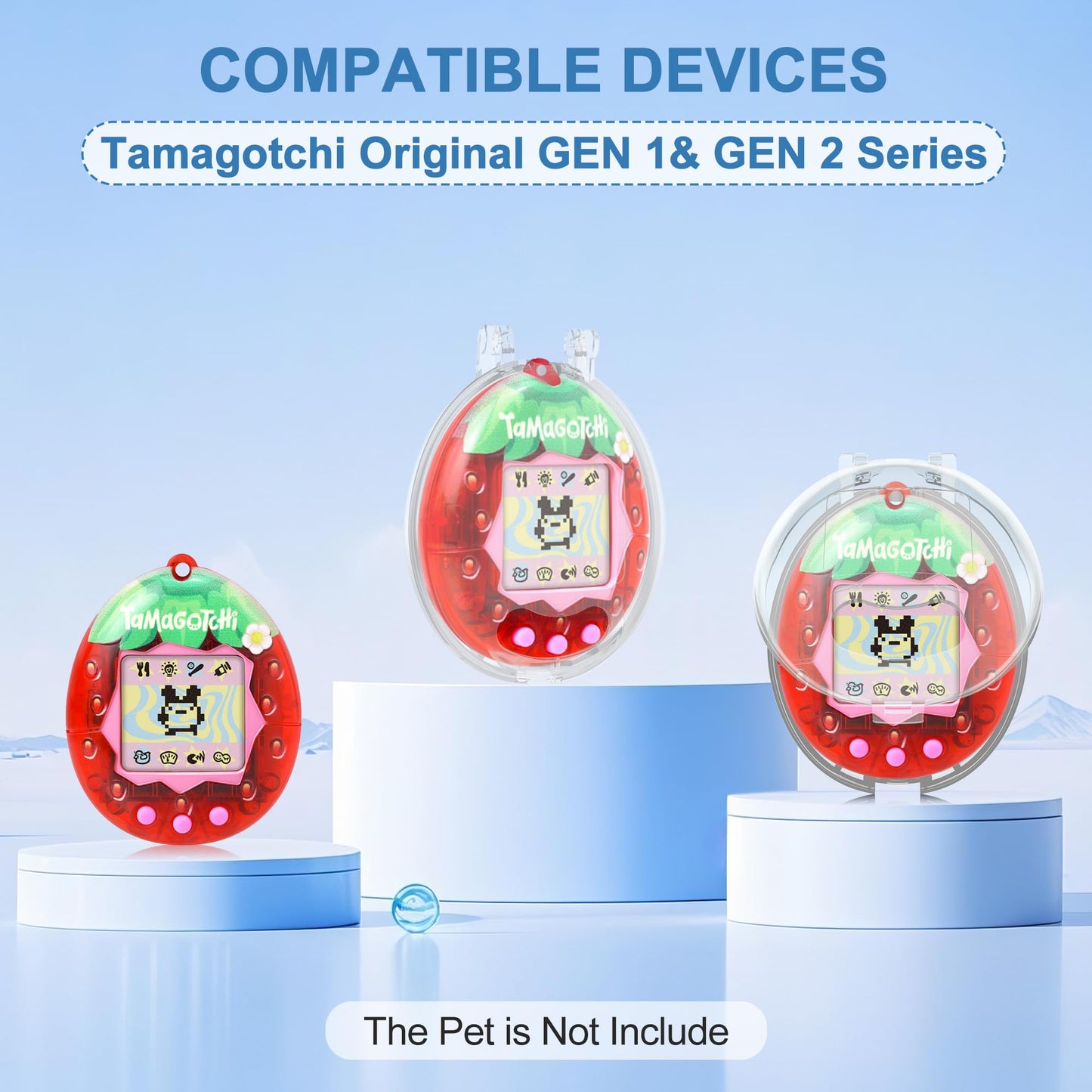 SGHLDE clear polycarbonate case for Tamagotchi Gen 1 open view demonstrating the integrated snap design