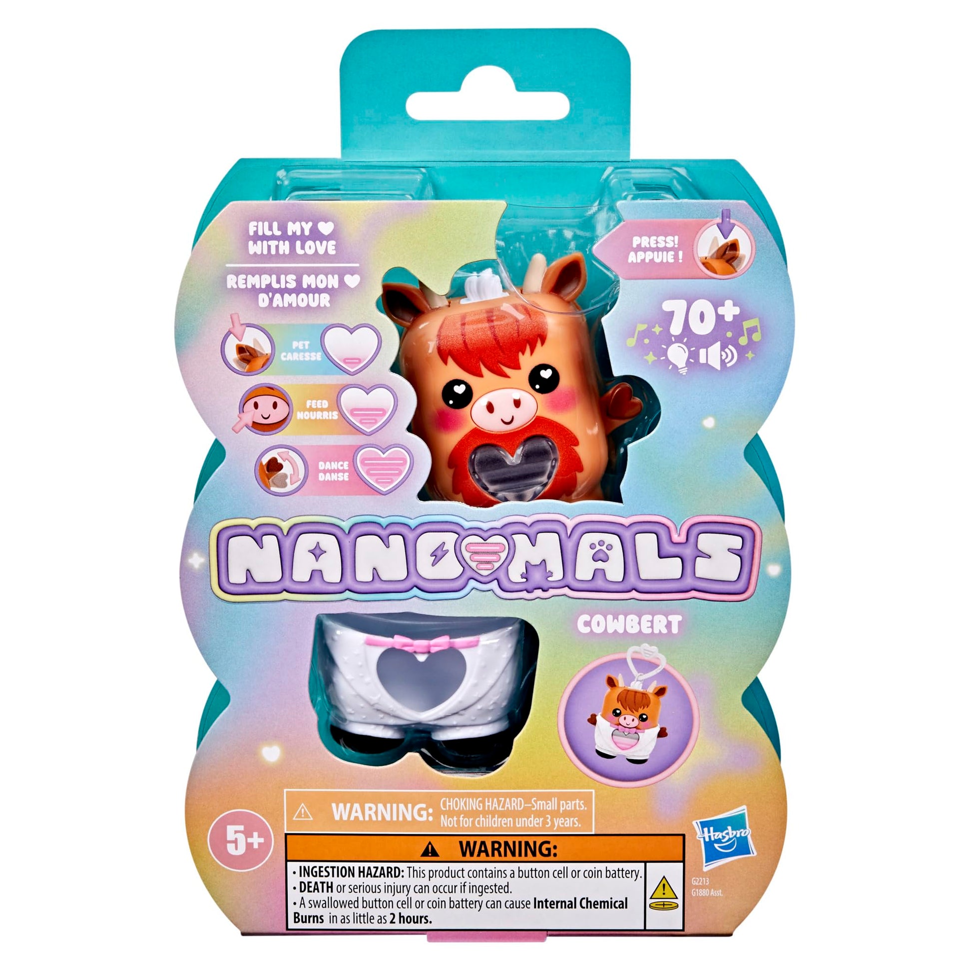 Nano-Mals electronic pet cow toy showing white tuxedo outfit attachment being snapped on