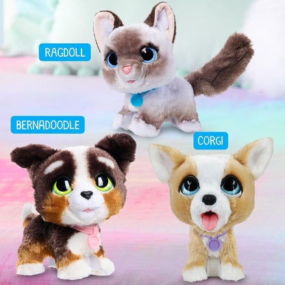 Just Play plush interactive puppy showing details of the battery compartment and compact travel size.