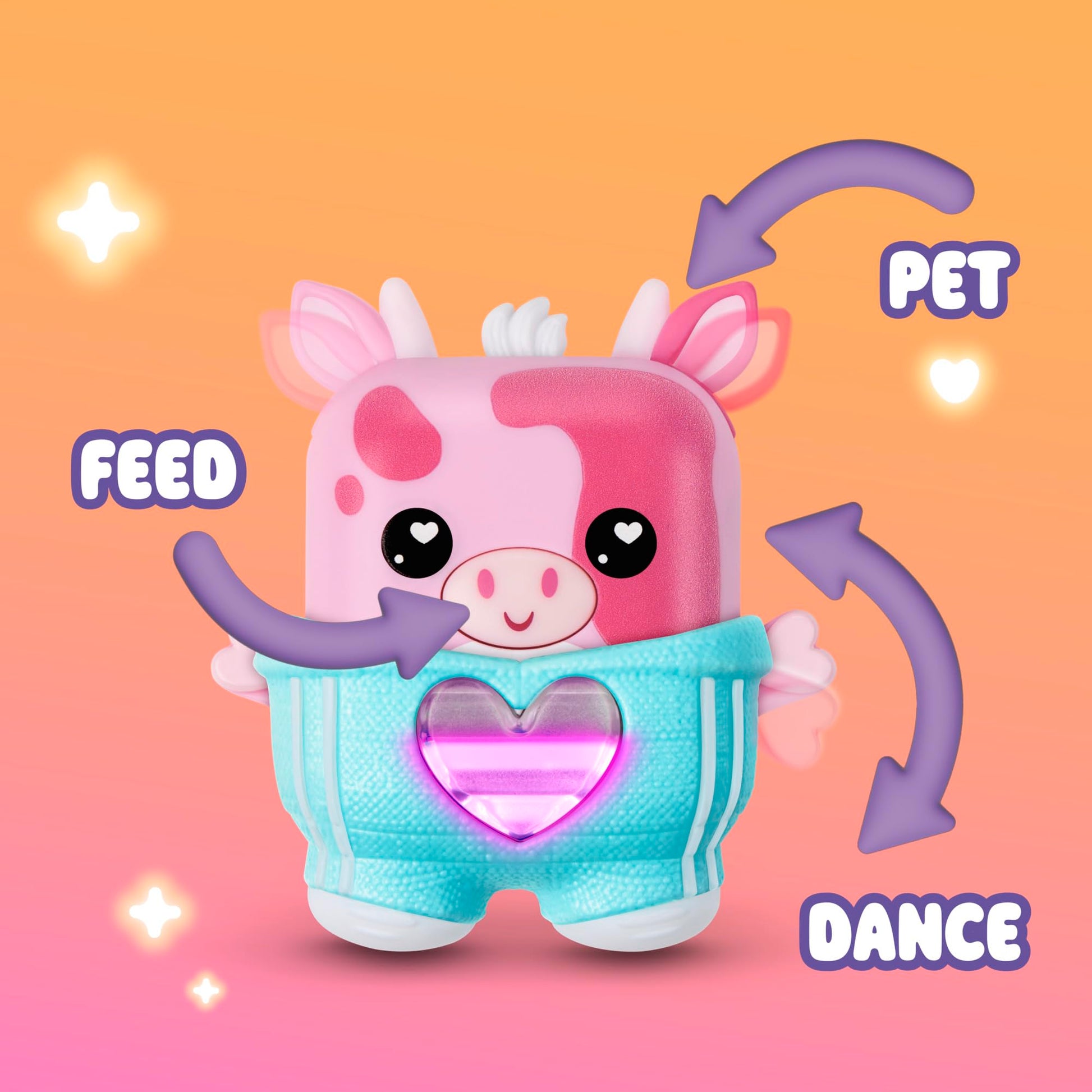 Handheld electronic pet cow toy with removable teal textured outfit for sensory play