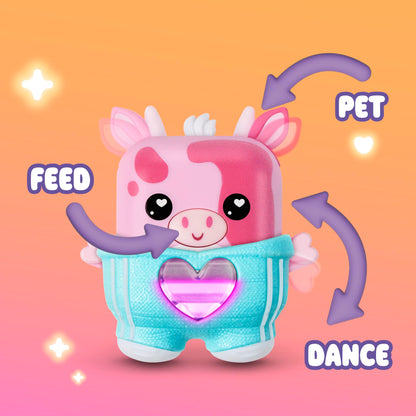 Handheld electronic pet cow toy with removable teal textured outfit for sensory play