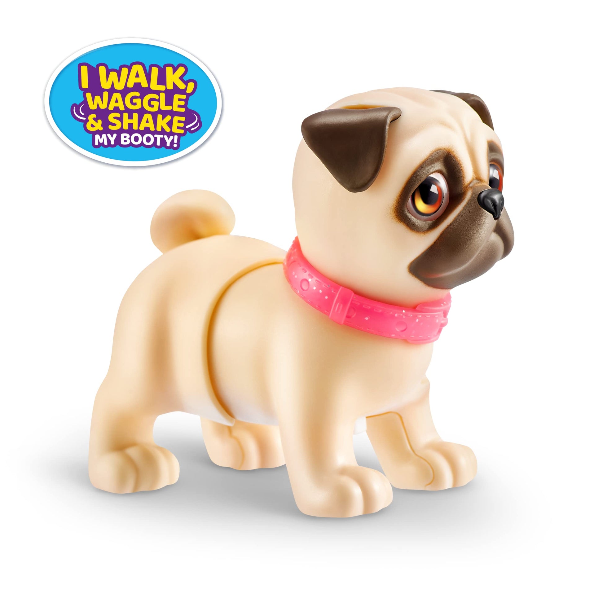 Interactive mini Pug toy showing the removable glitter collar and glass eyes detail