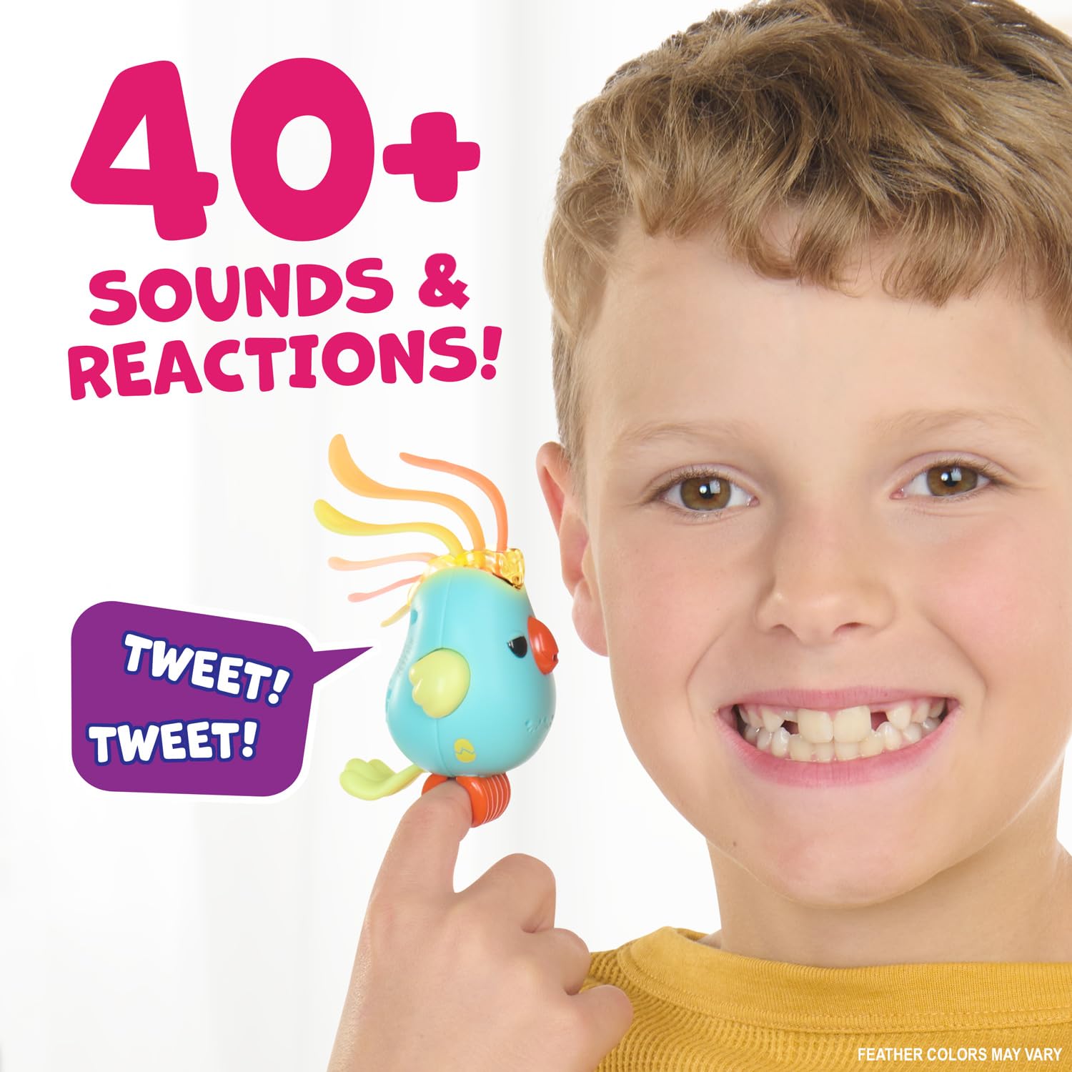 Close up of the electronic interactive bird toy head showing premium finish