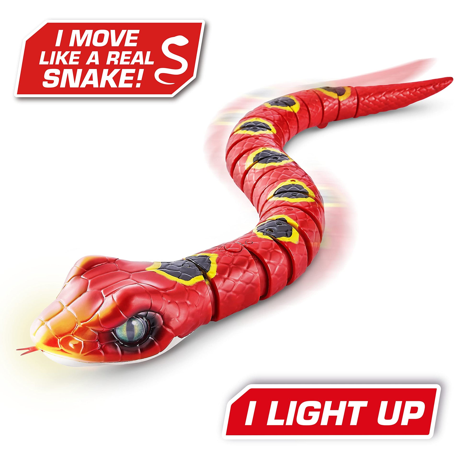Close up view of the robotic moving reptile toy showing the red and yellow predator warning colors