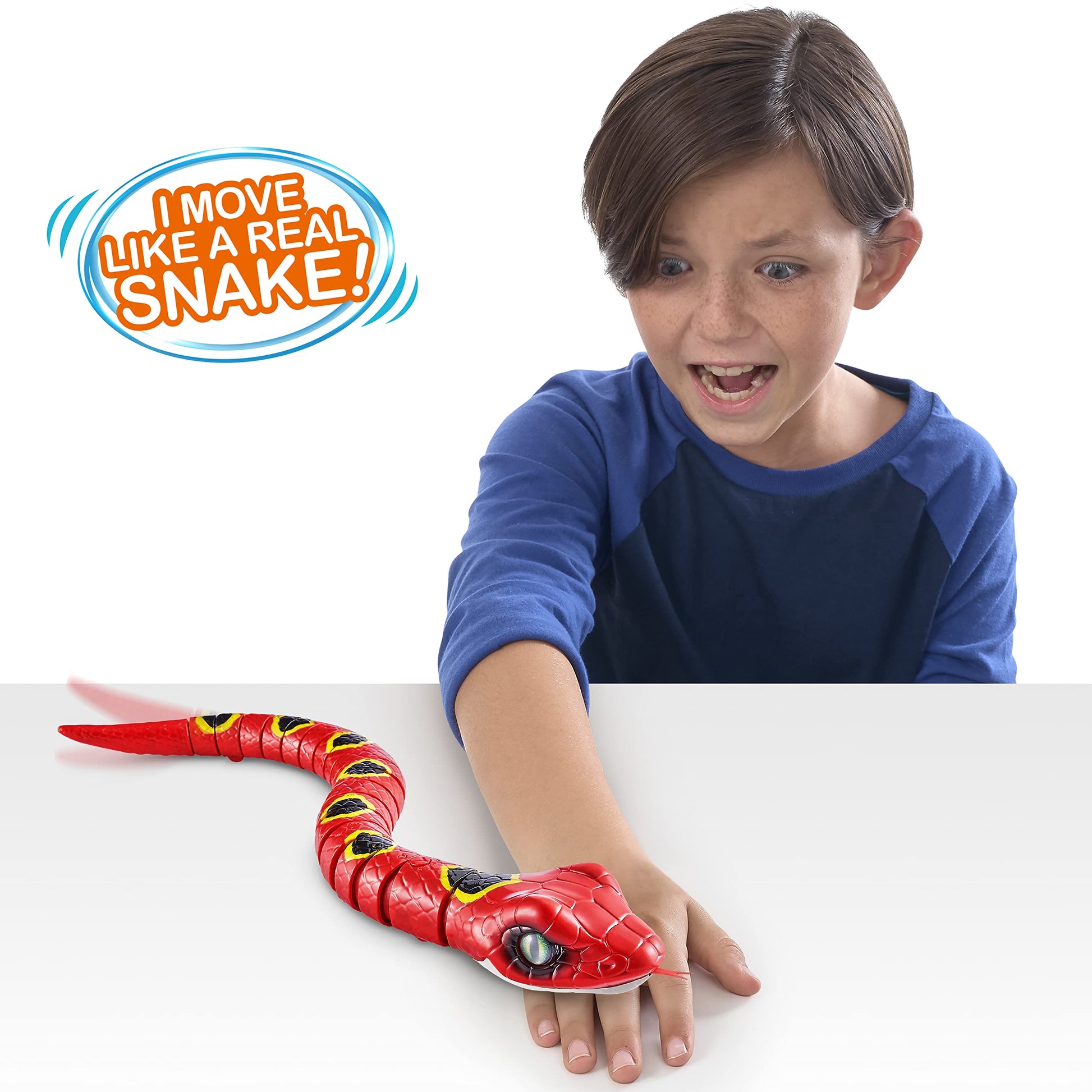 Illuminated light up mouth feature of the red ZURU robotic snake during nighttime play