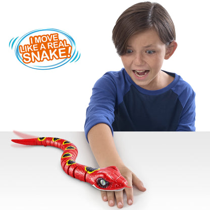 Illuminated light up mouth feature of the red ZURU robotic snake during nighttime play
