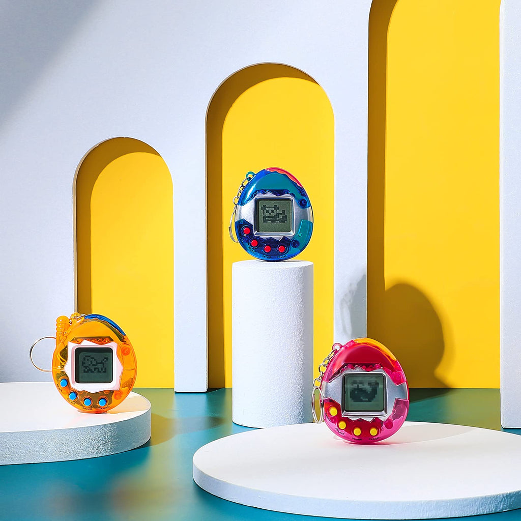 Sosation retro handheld games packaging displaying 6 pieces of digital pet keyrings
