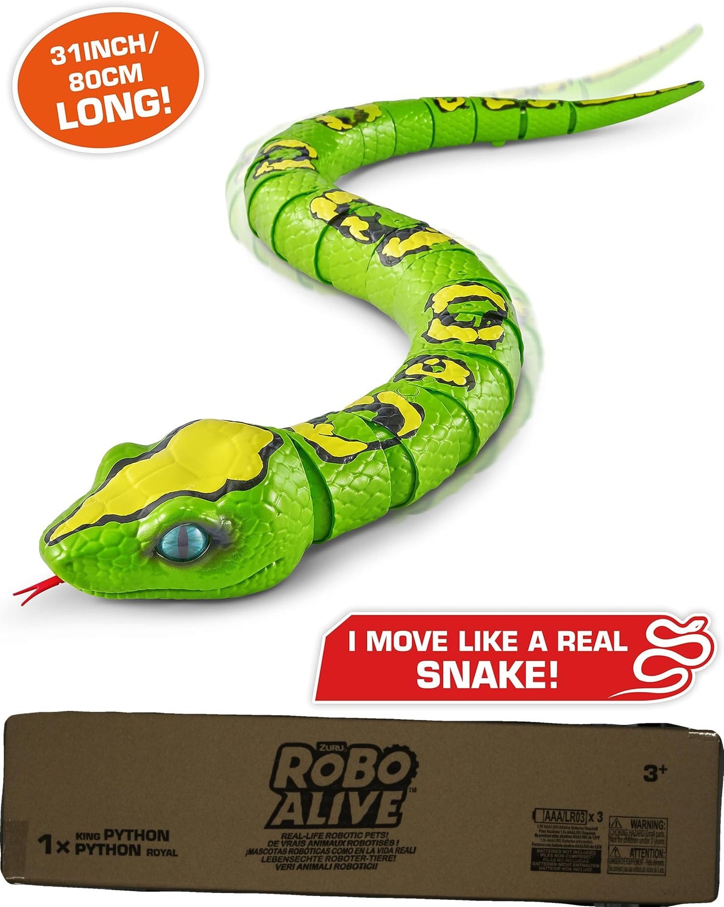 Side profile of ZURU Robo Alive electronic python reptile toy highlighting its full 80 centimeter length