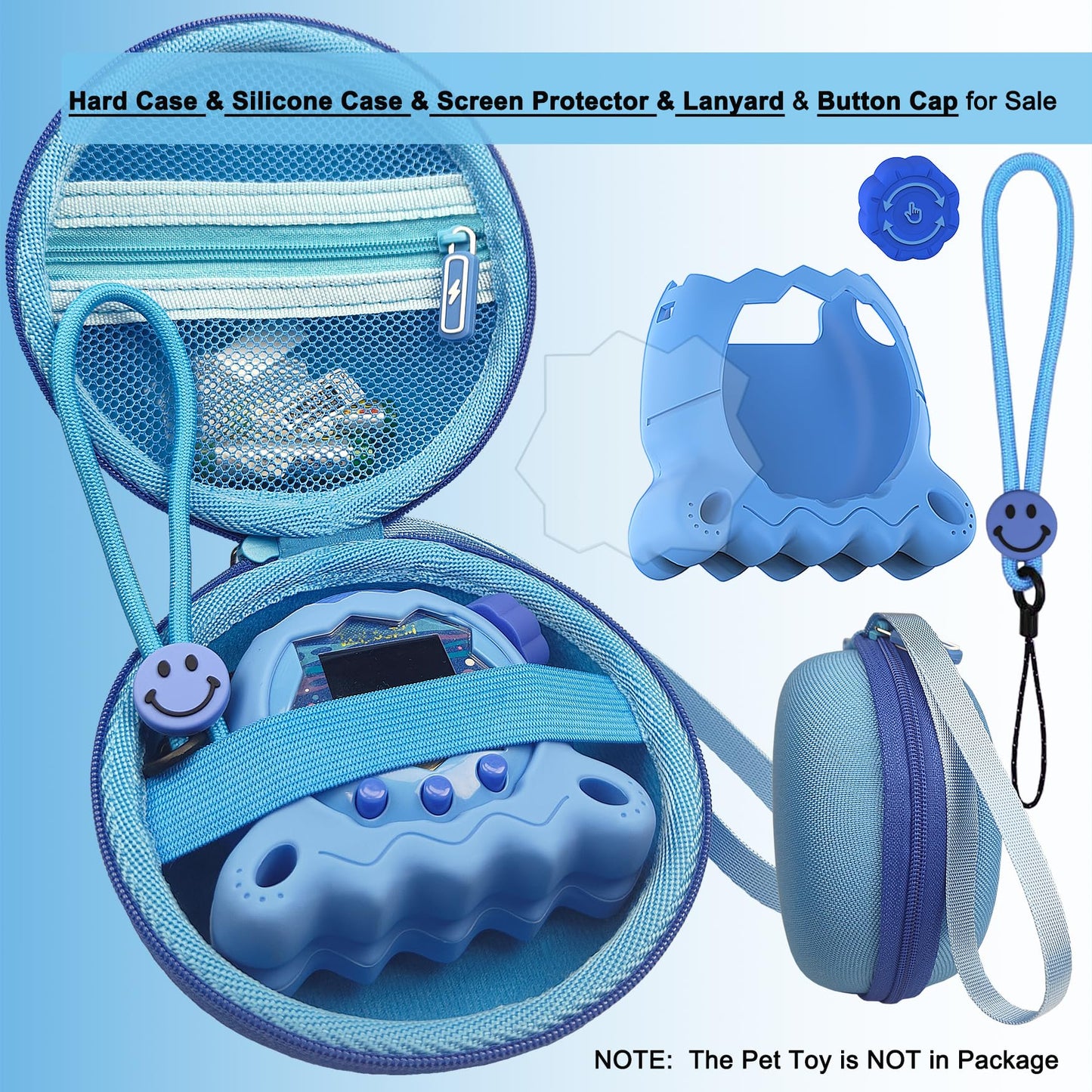 Close up view of the blue stand up silicone skin with feet designed for virtual digital pets.