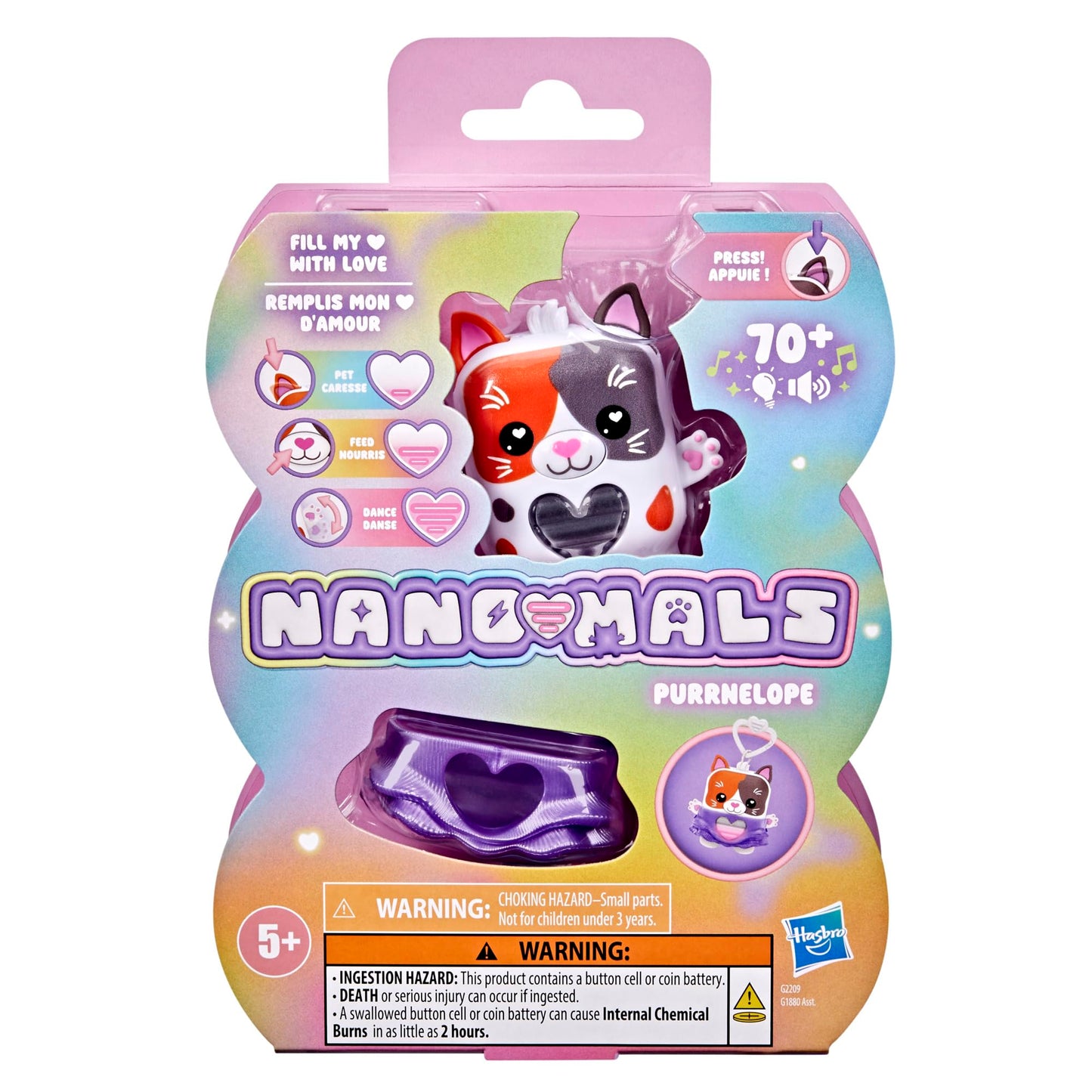 Hasbro Nano Mals pocket size interactive fidget toy showing the attached travel backpack clip functionality.