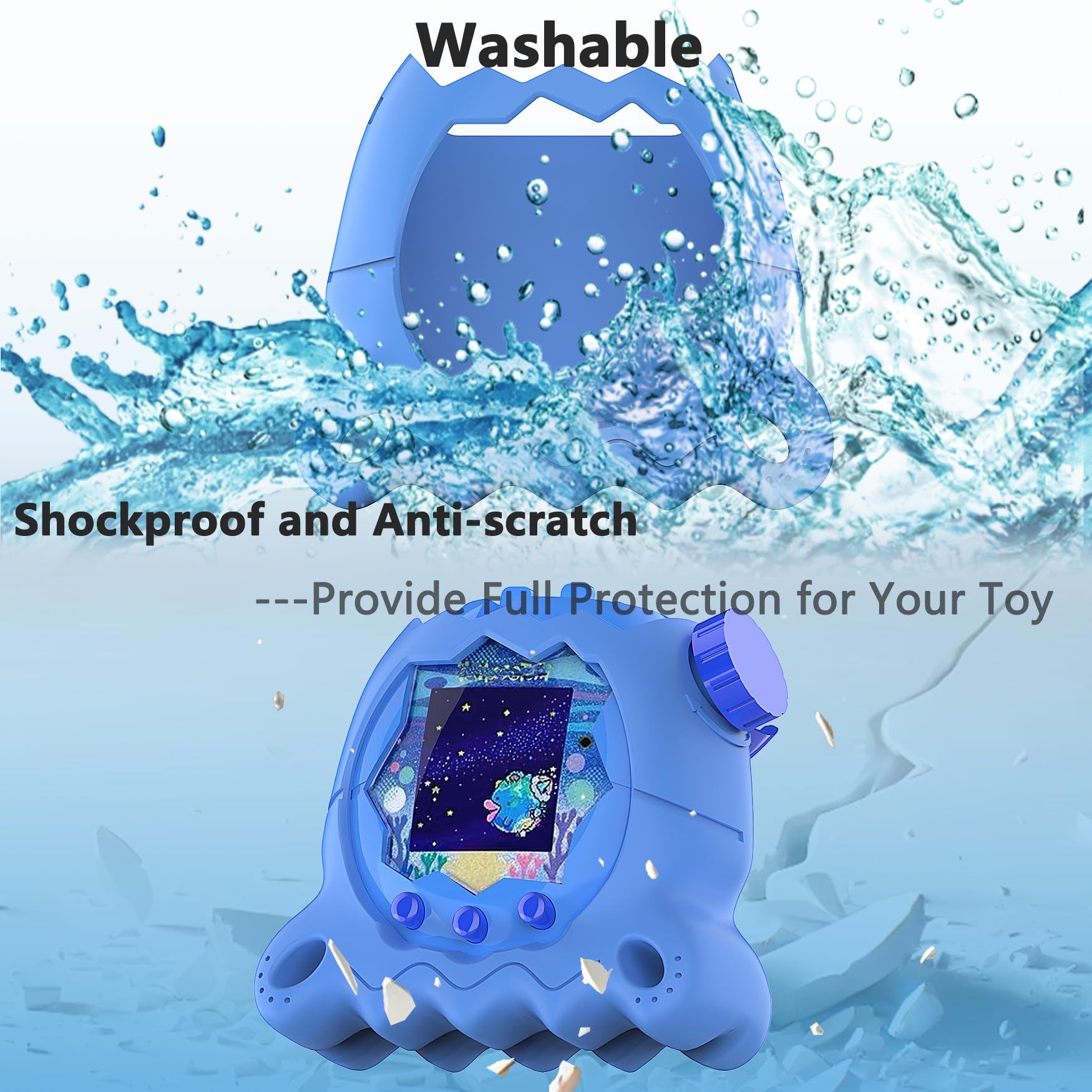 Side profile of the impact absorbing blue silicone shell showing precise button cutouts.