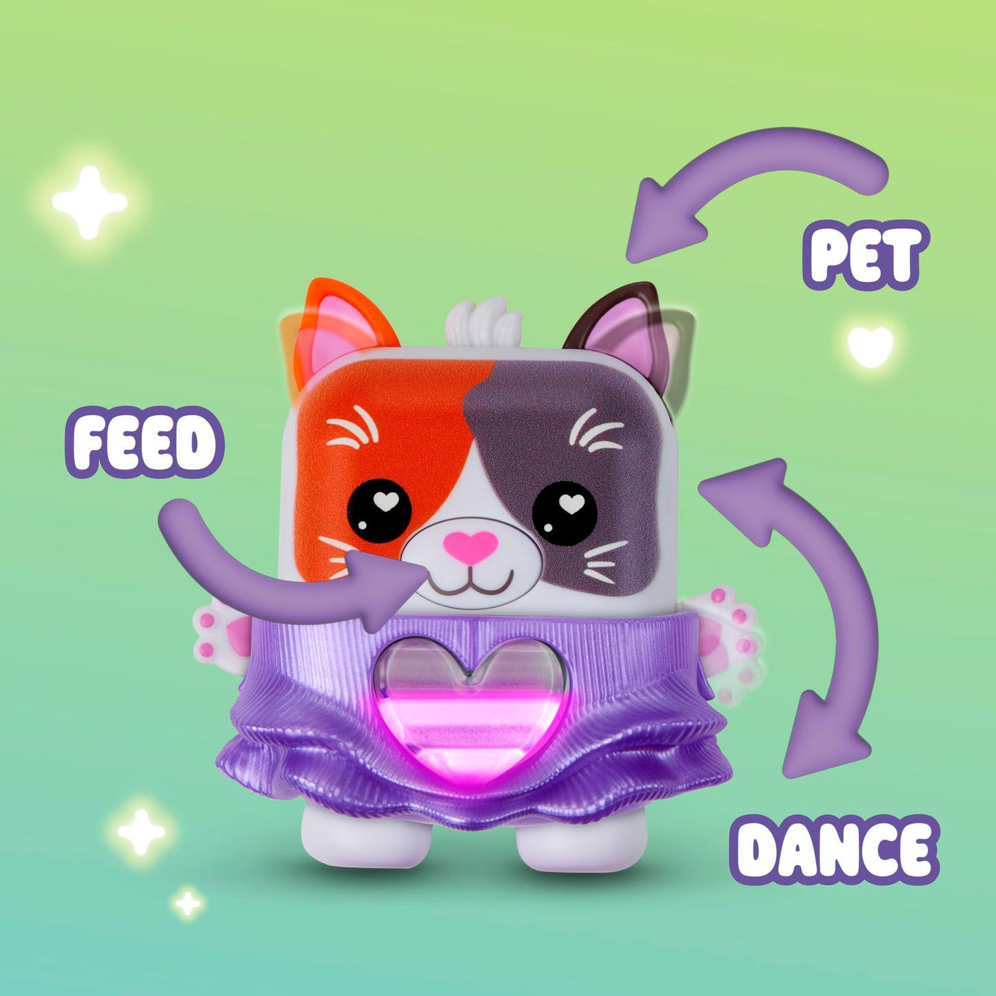 Purrnelope the Calico Kitty digital pet wearing her removable textured purple dress fashion accessory.