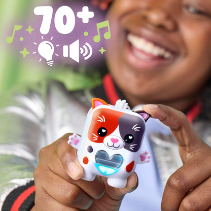 Demonstration of clicking the ears and moving arms of the Nano Mals electronic cat for sensory play.