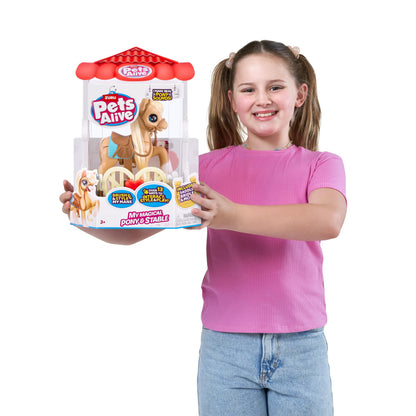Robotic toy pony being fed with the included apple accessory for sound effects