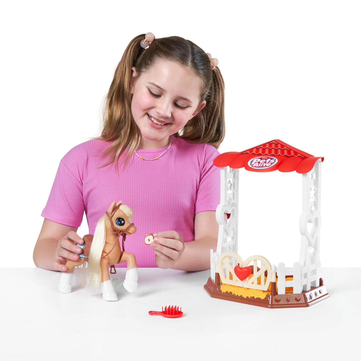 Back view of the ZURU Pets Alive stable playset with interactive features detailed