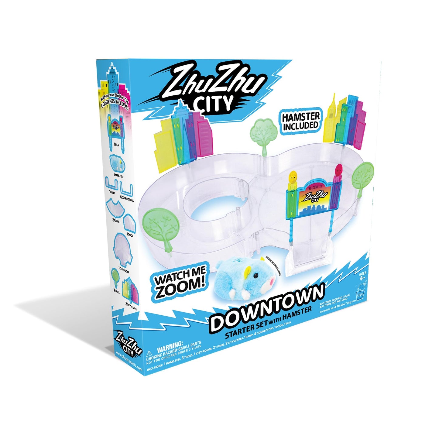 ZhuZhu electronic hamster toy set showing full track layout assembled with Sophie and Pipsqueak.