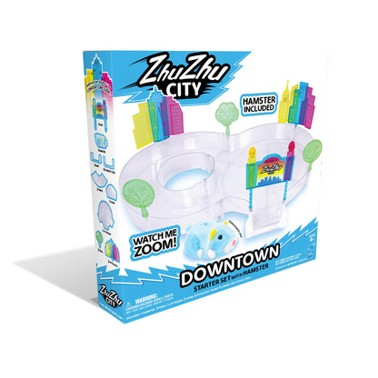 ZhuZhu electronic hamster toy set showing full track layout assembled with Sophie and Pipsqueak.
