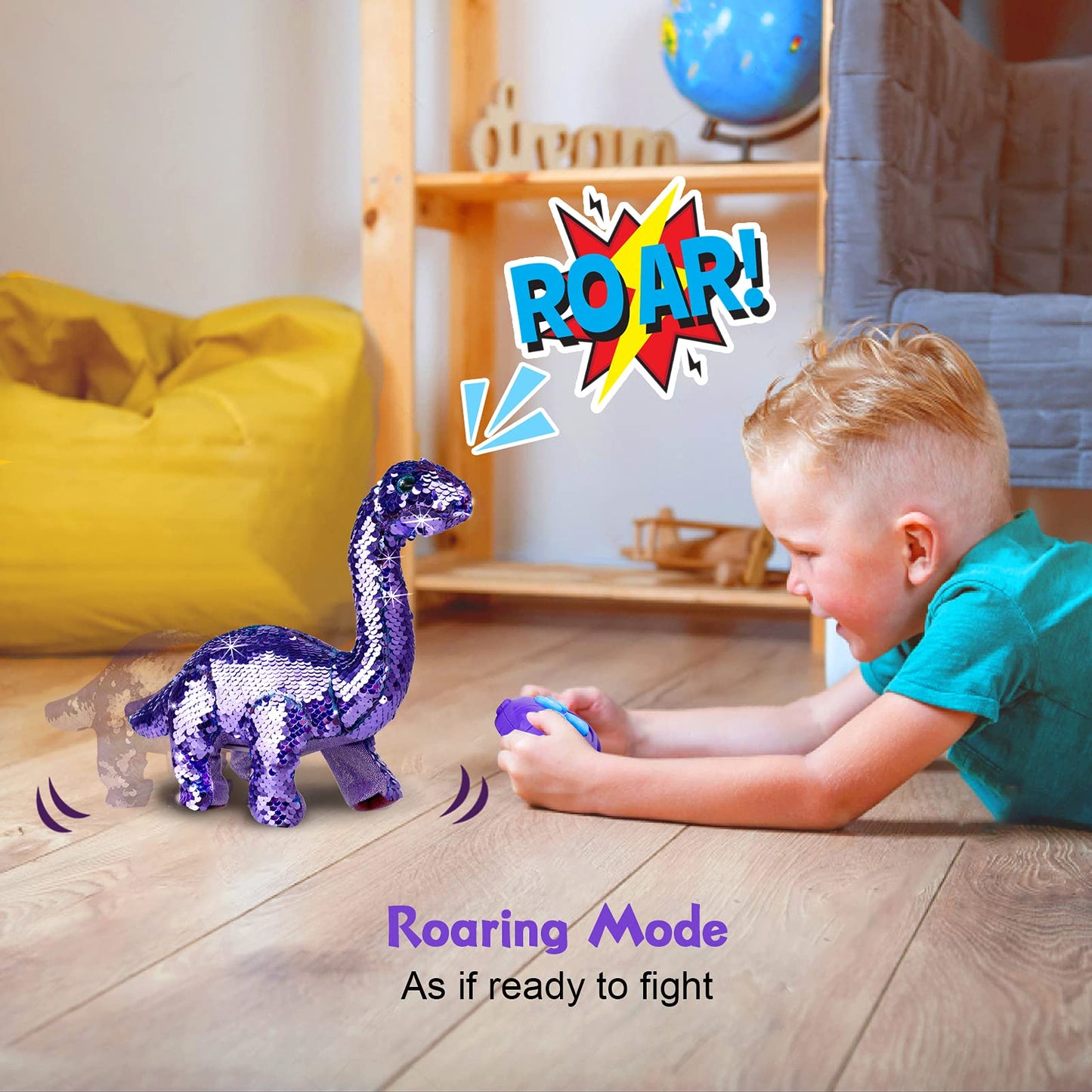 Toddler girl interacting with the purple Koonie walking and talking dinosaur toy on the floor