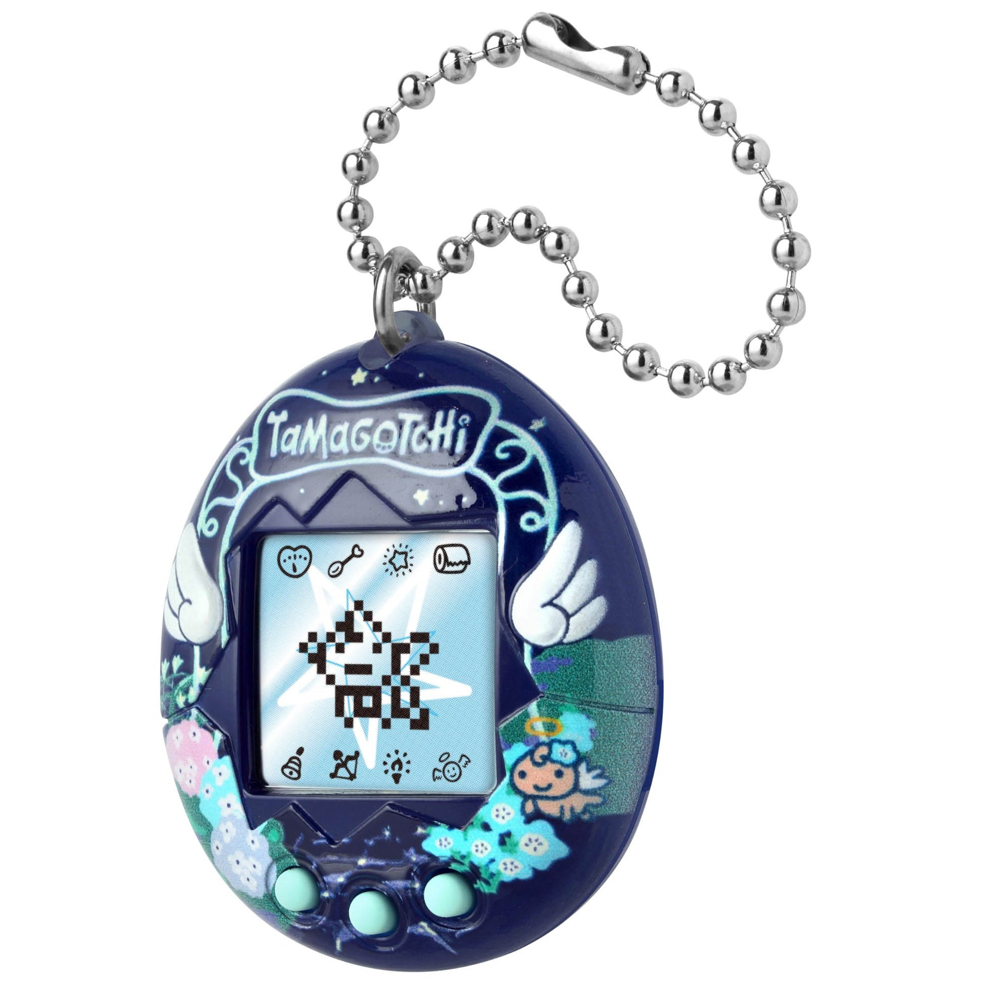 Tamagotchi Angel Night Garden virtual pet device with attached metal ball chain accessory