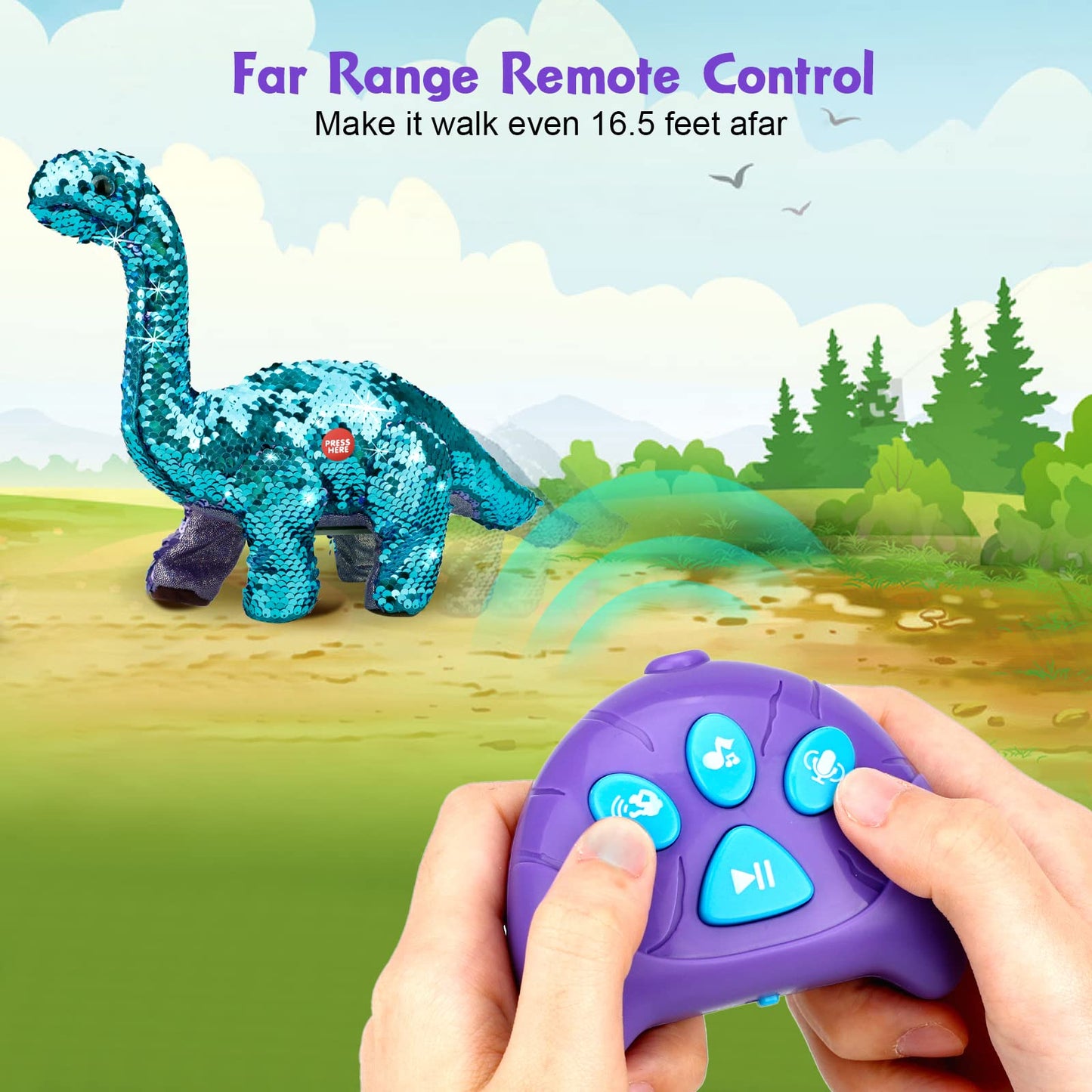 Koonie imported robotic dinosaur toy packaging box showing safe non toxic certifications